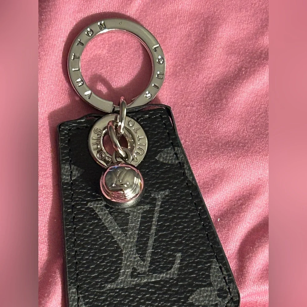 LV upcycled leather and ball charm. On a Silver Keychain - Picture 2 of 5